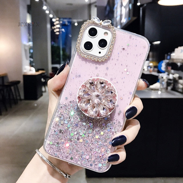 Glitter Marble Diamond Ring Holder silicone iPhone case - Womenwares.com